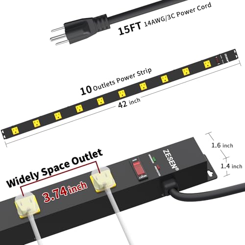Image of 10 Outlet Long Power Strip, Wide Spaced Outlet Power Bar, Heavy Duty Metal Power Strip with 15FT Cord for Work Bench, Garage, Shop, Overload Protection Switch, ETL Listed (15A /1875W)
