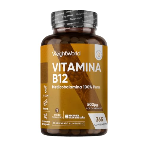 Vitamina B12 500 mcg - 365 Comprimidos de Metilcobalamina B12 Vegana | de Origen Natural, La Vitamina B Contribuye a la Reducción del Cansancio y la Fatiga (EFSA), Sin OGM ni Gluten