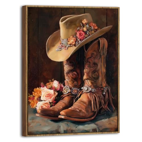 Image of Western Wall Art Framed Cowgirl Boots Canvas Prints Rustic Cowboy Hat and Leather Boots Floral Painting Country Farmhouse Western Decor for Living Room Bedroom Aesthetic Artwork Home Decoration 24x36