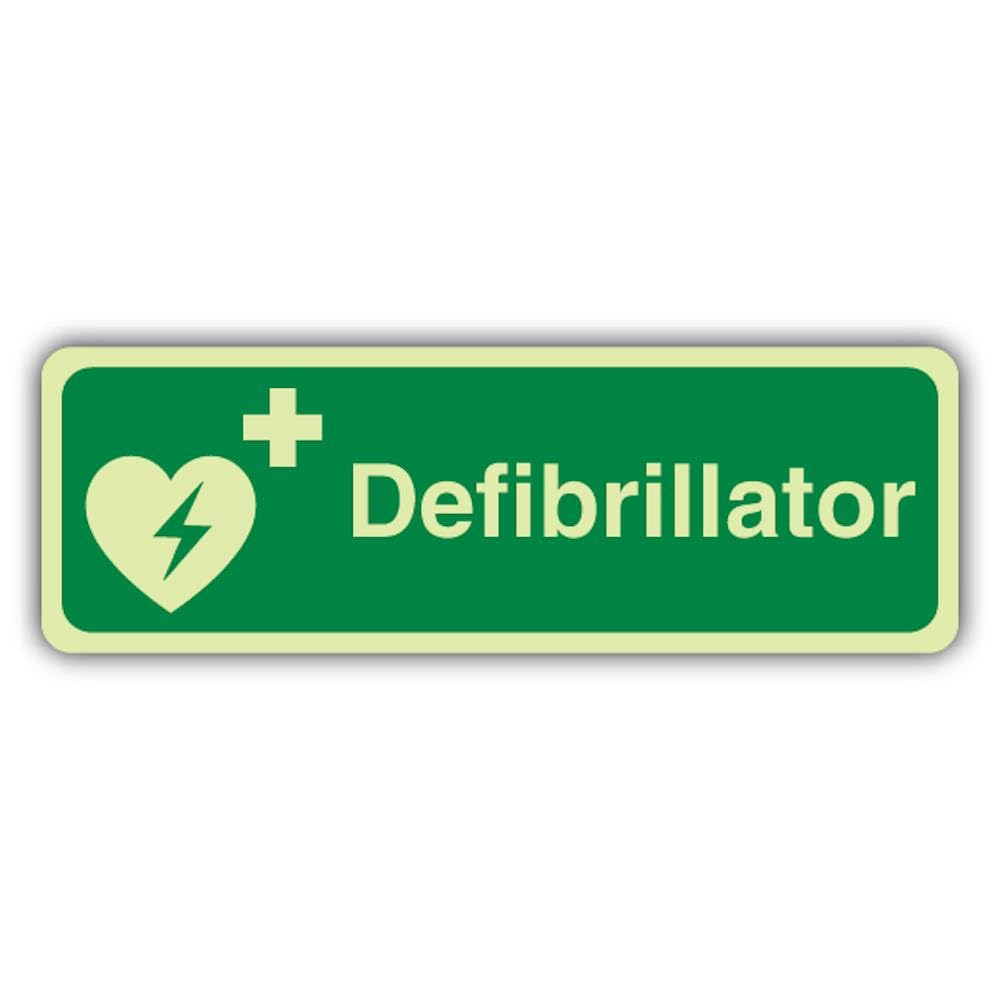 V Safety Photoluminescent Defibrillator - Landscape Safety Sign - 300 x 100 mm - 1.2mm Rigid Plastic - Double Glow