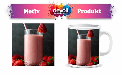 deyoli Motivetasse Cremiger Erdbeer-Smoothie, garniert mit frischen, roten Früchten 300ml, aus weißem Keramik/Kaffetasse/Geschenkidee