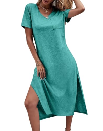 Image of Dyexces Women Summer T Shirt Dress Casual Short Sleeve V Neck Maxi Dresses Loose Side Slit Long Tshirt Dress with Pockets