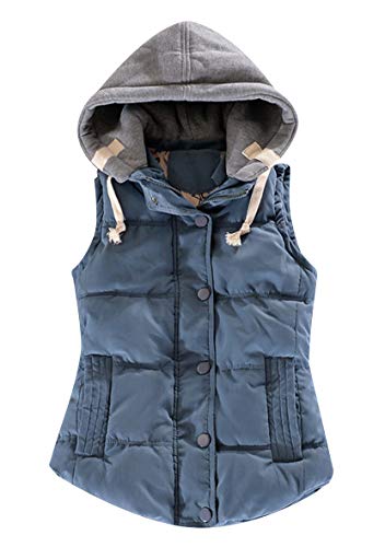 YMING Women's Winter Gilet Casual Button Gilet Quilted Zip Vest with Removable HoodNavy Blau M