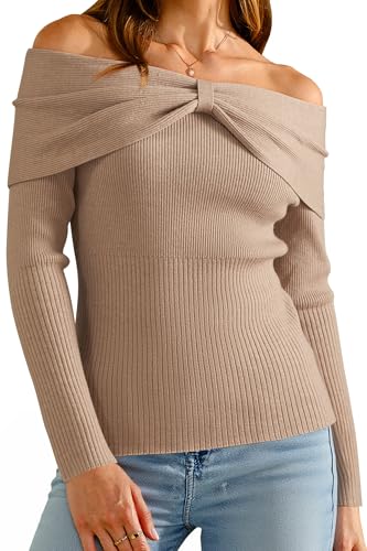 Arach&Cloz Womens 2025 Fall Wool Blend Sweater Off The Shoulder Long Sleeve Bow Ribbed Knit Tops Slim Fit Cashmere Casual Outfits Khaki XL