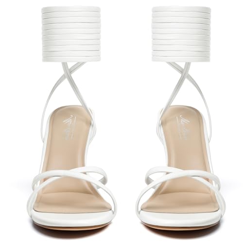 Image of Mostrin Womens Sandals Strappy Heels for Women Lace Up Square Open Toe Heels Tie Up High Heeled Sandals for Prom, Party, Daily Wear