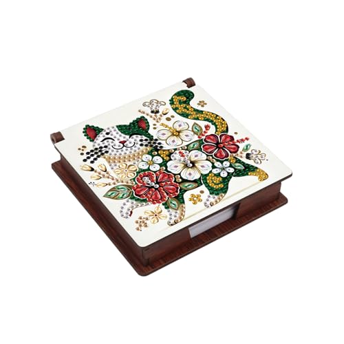 DIYダイヤモンドノート収納ボックス、5Dハンドメイドダイヤモンドアートポストイットディスペンサー、優雅に微笑む猫の絵画ジュエリー収納ボックス、寮やデスク収納に最適、160枚のノート用紙入り (05)