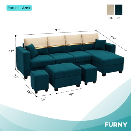 Image of Furny Arvea 8 Seater Fabric RHS L Shape Sofa Set with 1 Centre Table & 2 Puffy (Greenish Teal) | Soft Velvet Fabric | Modern Design | Comfortable Seating | Living Room Furniture