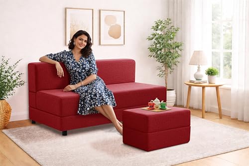 Image of 5X6-Feet Leg Sofa Cum Bed with Ottoman | Jute Fabric 3 Seater Convertible Sofa Bed | Modern Space Saving Furniture for Living Room | Red
