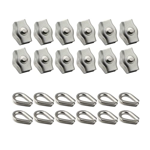 Jrzyhi 12 Set Simplex Clamp and Wire Rope Thimbles M3 Wire Rope Clamp 304 Stainless Steel Rope Clip Cable Clamp for Washing Line Awning Attachment