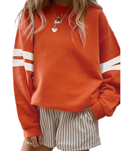 SELINK Womens Varsity Striped Oversized Sweatshirt Crewneck Long Sleeve Casual Fashion Pullover Top Fall Outfits Orange-L