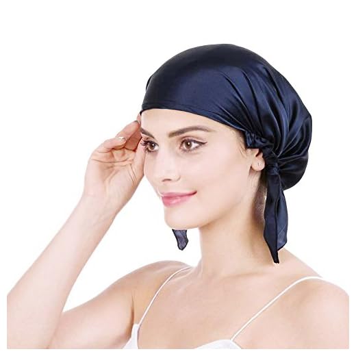 Emmet Bonnet de nuit 100 % soie de mûrier douce 19 momme pour perte de cheveux pour femme, avec ruban élastique réglable - Bleu - taille unique