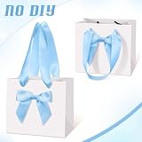 Kolldenn 50 Pcs Mini Gift Bags with Blue Bow Ribbon 4''x2.7''x4.5'' Small White Paper Thank You Goodie Gift Bags Bulk with Handle for Baby Shower Wedding Graduation Party Favor Birthday Return Guests