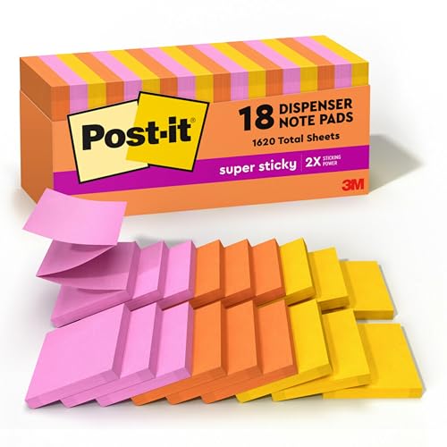 Post-it Super Sticky Dispenser Pop-up Notes, 18 Sticky Note Pads, 3 x 3 in., 2X the Sticking Power, School Supplies and Oﬃce Products, Use with Post-it Note Dispensers, Energy Boost Collection