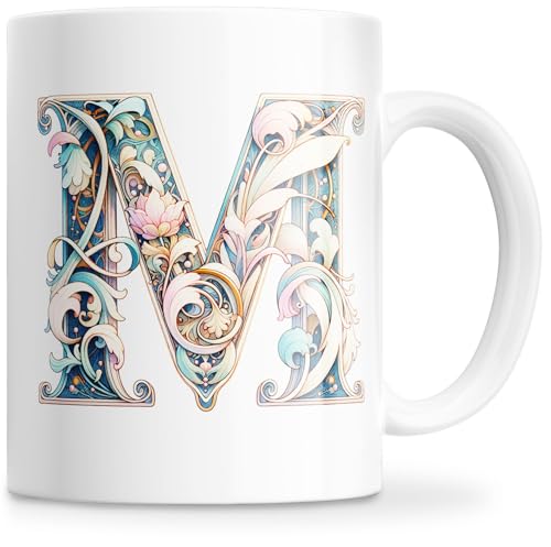 Caneca personalizada com letra inicial de nome - caneca de cerâmica 350 ml com motivo floral, presentes originais para mulheres, mãe, amigos - adequada para máquina de lavar louça e micro-ondas (M)
