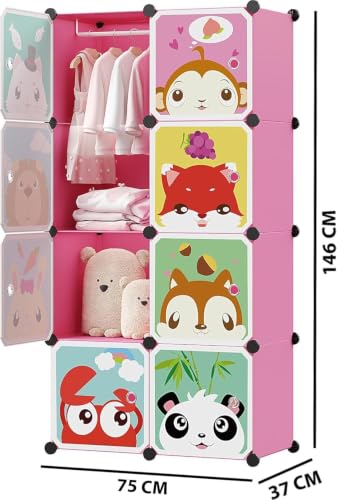 Image of Plastic Wardrobe for Clothes | Plastic Almirah for Kids | 8-Cube Baby Cupboard for Clothes Storage | Portable Collapsible Wardrobe | DIY Kids Almirah for Bedroom - Cute Animal Print