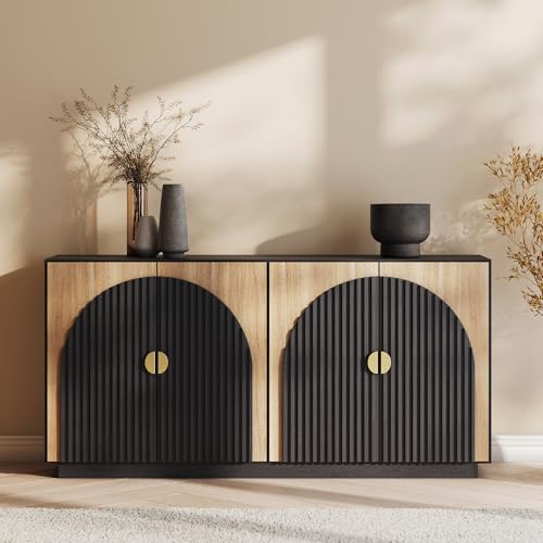 Image of BELLEZE 65 Inch Fluted Buffet Cabinet with Storage, Symmetrical Arc Accent Sideboard Large Console Table for Dining Room, Kitchen, and Living Room (Camel)