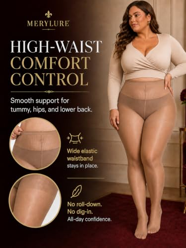 Image of MERYLURE Plus Size Sheer Tights for Women,20D Control Top Pantyhose Reinforced Toes High Waist Stockings 3 Pairs 1XL-6XL