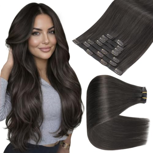 Image of Full Shine Seamless Clip in Hair Extensions Human Hair, 24 Inch Mocha Brown | Invisible PU Weft, Silky Straight Remy Hair, Extra Long, Full Coverage, Lightweight, Clip Ins for Women, 8 Pcs 120g