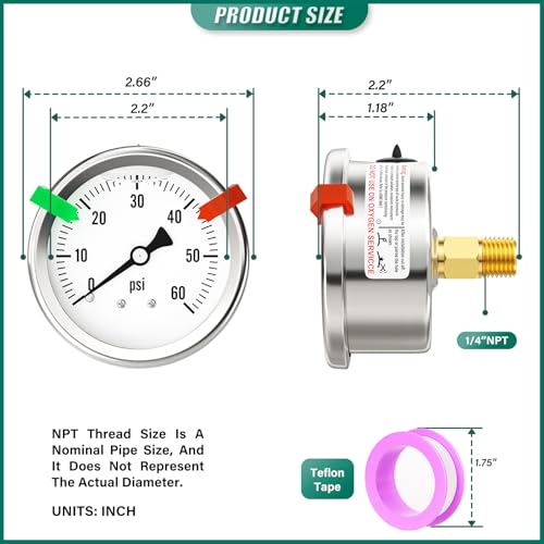 Image of 0-60PSI Stainless Steel Liquid Filled Pressure Gauge, 2.5 inch Single Scale Face Dial, 1 /4 inch NPT Back Mount, for Tube, Water Pump, Gas, Liquid, Pressure Test (with Range Mark Pointer)