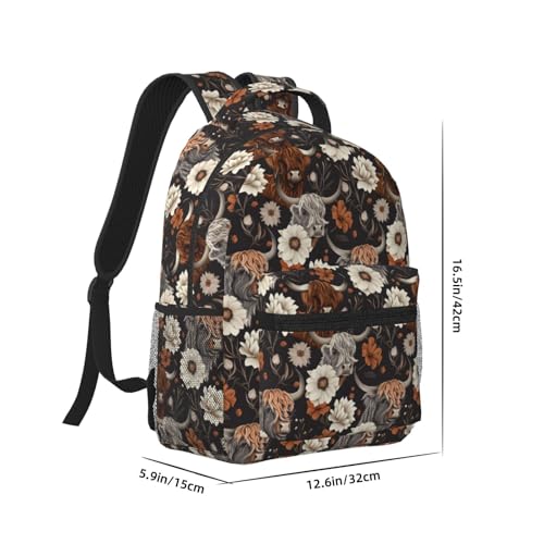 Rustic Highland Cow Backpack, School Travel Laptop Polyester Cows & Floral Backpacks for Women Kids, Work Sports Back Pack Casual Daypack, Lightweight Rucksack Gifts for Hiking Camping Gym2