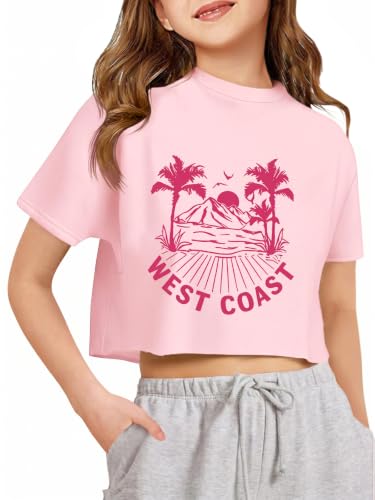 Image of Girls Athletic Oversized Crop Tops Kids Drop Shoulder Short Sleeve T Shirts Workout Tees 5-14 Years