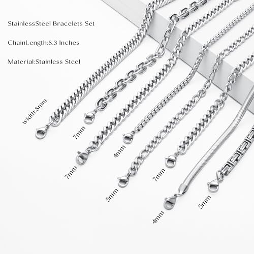 ELLEWIN Chain Bracelet for Men Stainless Steel Cuban Link Curb Figaro Herringbone Rope Paperclip Snake Byzantine Curb Chunky Chain Silver Bracelets Jewelry Set for Men 8.3 Inches2