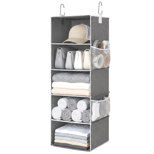 StorageWorks Hanging Closet Organizer, 5-Shelf Hanging Shelves with 2 Hooks, Foldable Space-Saving Design, Closet Organizers and Storage for Bedroom, Dorm, Locker, Gray