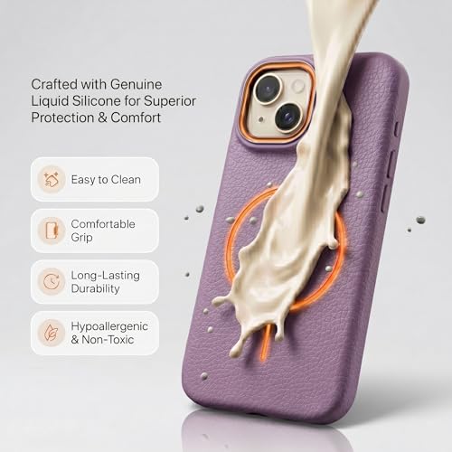 Image of amazon basics Luxury MagSafe Compatible Leather Texture Back Cover for iPhone 13 | Raised Camera Protection | Slim Fit Shockproof Case with Metallic Accents (Purple)