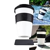 silwy® Porzellan TO-GO-CUP inkl. schwarzer Hitzeschutzbanderole, metallischen Nano-Gel-Untersetzer BLACK - rutschfeste Magnetbecher für Camping, Caravaning oder Boating