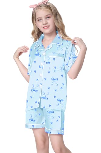 Image of Umeyda Women & Girls Pajamas Set, Soft Satin Lightweight Silk Button-Down Top with Shorts 2 Piece PJS for Mom Boys Kids Gifts