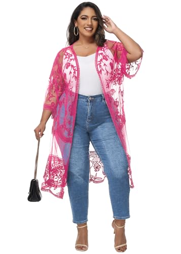 Image of Anna-Kaci Women's Plus Size Lace Cardigan Embroidered Long Kimono Dusters with Half Sleeves