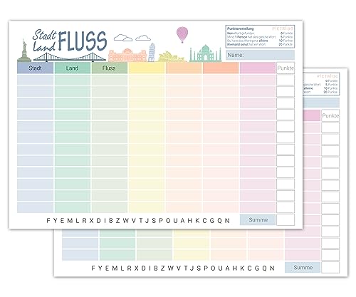 PICTALOO Stadt Land Fluss Spielblock Blanko Spieleblock zum Ausfüllen für die Familie Erwachsene Kinder Block DIN A5 mit 50 Seiten Stadt Land Spiel mit 4 freien Themen Reisespiel Familienspiel