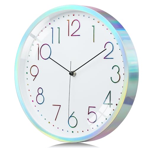 Lafocuse 12 Inch Silent Colorful 3D Numbers Unique Dazzling Frame Silver Wall Clock for Living Room, Modern Kitchen Clock Battery Operated Bedroom Office Home