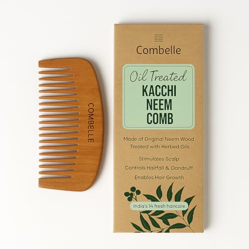 Image of Combelle Kacchi Neem Wooden Wide-Tooth Comb | Oil Treated with Neem & Sesame | Soaked in 13 Herbs | Ayurvedic Anti-Frizz Hair Comb for Gentle Detangling & Hair Growth