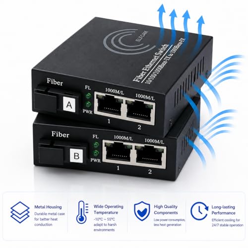Image of Elfcam - 1 Pair Fiber Ethernet Converters, SFP Media Converter Included, Up to 20KM Distance on Single Mode SC Fiber Optic (2 RJ45 Ports *2 RJ45 Ports)