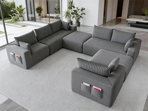 Domiqut 146" Boneless Couch Modular Sectional Couches for Living Room, U-Shaped Oversized Deep Seat Chaise with Side Pockets, No Assembly Required, Plush Corduroy Fabric Sleeper Sofa, Light Grey