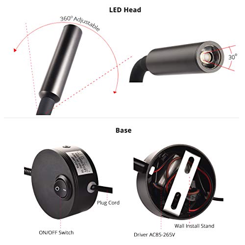 Image of 2-Pack Professional Task Light Wall Mount Lamp, 6000K Pure White 25 Focused Beam LED Reading Lamp for Bed Headboard, Dorm Bunk Bed, Studio, Marine, Hospital & Hotel, AC 85-265V (Black)