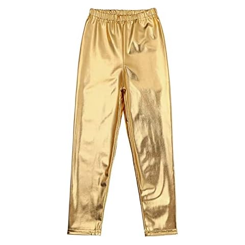 KKmeter Kids Girls Boys Metallic Leggings Pants Modern Hip Hop Street Dance Performance Costume Trousers (Gold, 8-10) Cover