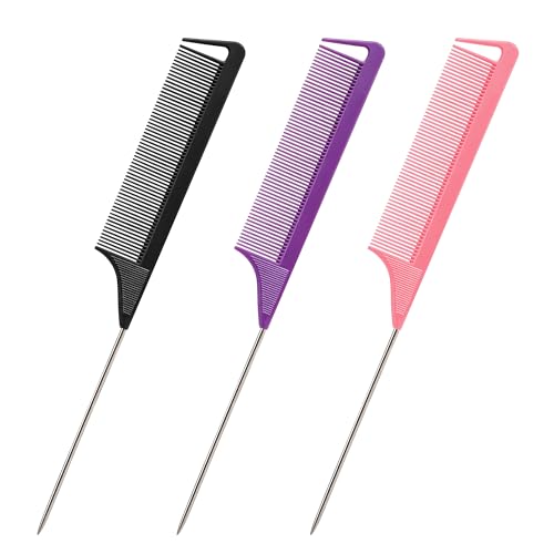 Rat Tail Combs Set: 3Pcs Long Steel Pin Teasing Combs for Salon Hair Stylists, Metal Parting Combs for Women (Purple, Black, Pink)
