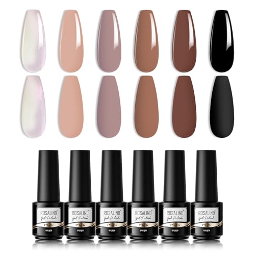 ROSALIND 6 Colores Pintauñas Semipermanentes, Negro Marrón Desnudo Plata Color Pintauñas, Kit Manicura Semipermanente, UV Gel de uñas semipermanente Nail Art 6Pcs