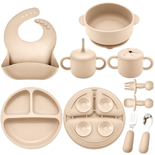 Image of Bufims Silicone Baby Feeding Set, Baby Led Weaning Supplies, Eating Essentials Utensils with Suction Plate and Bowl, Pocket Bib, Sippy Cup with Lid, Forks Spoons Snack Container, for 6+ Months, Beige