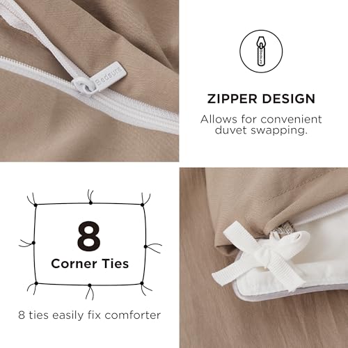 Image of Bedsure Duvet Cover Queen Size with Fitted Sheet - 4 Pieces Prewashed Cotton-Like Polyester Extra Soft Bedding Set, Includes 1 Duvet Cover 90x90 Inches, 2 Pillow Shams, 1 Fitted Sheet, Light Brown
