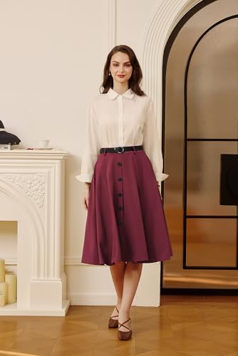 Belle Poque Women's Vintage Skirt High Waisted A Line Flared Midi Skirt with Belts2