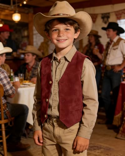 Image of Retro Boys Western Cowboy Vest for Kids Leather Suede Waistcoat | vintage dress vests, welt pockets, v-neck, adjustable waist, formal slim fit, wedding outfit, farm christmas birthday prom