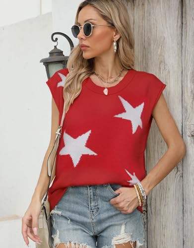 Image of Alsol Lamesa Women's Stars Pattern Cap Sleeve Sweater Vest 2024 Pullover Sleeveless Knit Crew Neck Tops, Small, 911 Red
