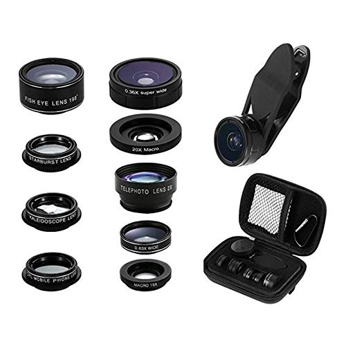 HVW 9 in 1 Phone Lens Kit, Zoom Universal Telephoto Lens 198° Fisheye Lens 0.36 Super Wide Angle Lens 0.63X Wide Lens 20X Macro Lens 15X Macro Lens CPL Kaleidoscope Lens Starburst Lens