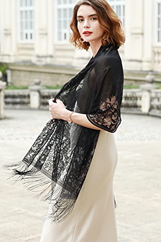 Riiqiichy Women's Floral Lace Mesh Party Prom Wedding Shawl Scarf With Fringe #TOP4
