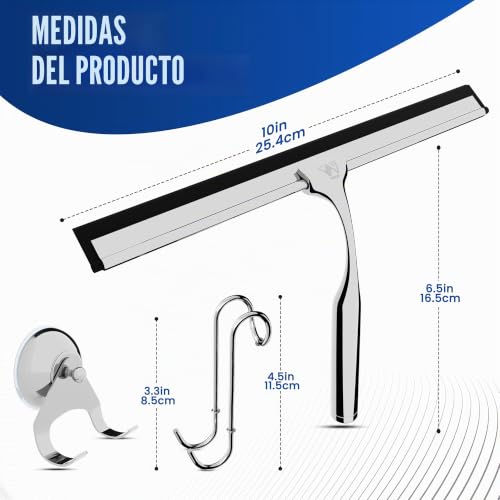 Miniatura 2 de Wunset - Rasqueta De Ducha De Acero Inoxidable 6 En 1 , Con Soporte De Ventosa, 25 Cm, Color Blanco Y Negro, Cuchillas De Silicona, Espátula De Cristal, Accesorio Para Cuarto De Baño, Equipo De