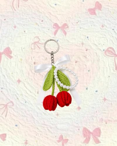 Image of Handmade Crochet Tulip Keychain with Pearl String - Cute Floral Bag Charm & Aesthetic Purse Pendant, Knitted Flower Keyring Accessory Gift for Girls & Women