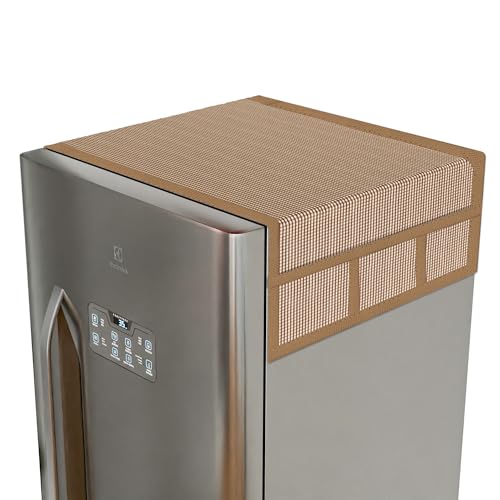 Image of Kuber Industries Fridge Top Cover | Fridge Top Cover with Pockets | Refrigerator Top Cover for Kitchen | Fridge Top Cover with 6 Utility Pockets | Barik Check Fridge Cover | Brown